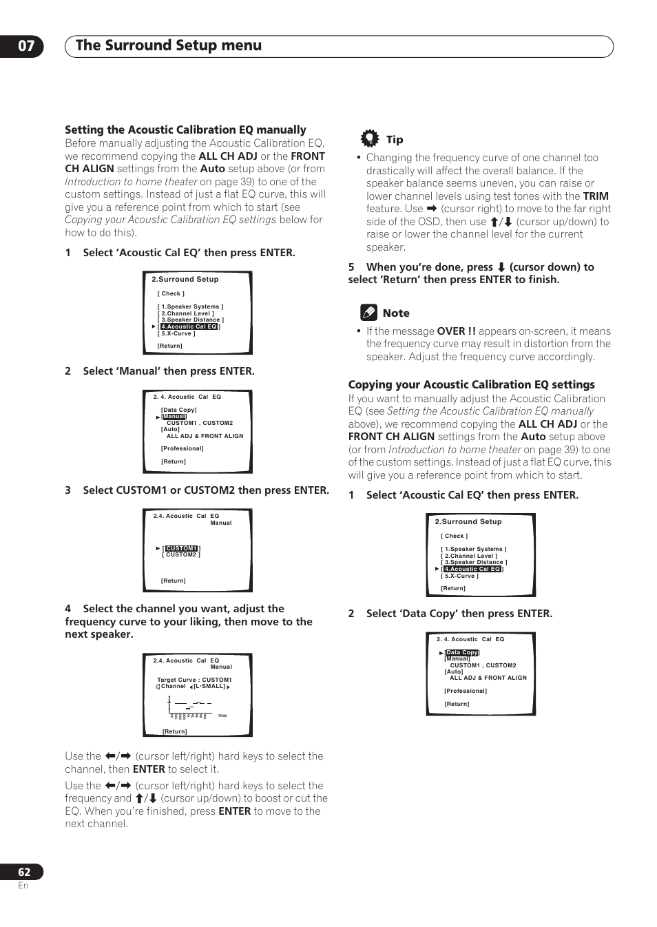 The surround setup menu 07, Setting the acoustic calibration eq manually, Copying your acoustic calibration eq settings | Pioneer VSX-59TXi User Manual | Page 62 / 112
