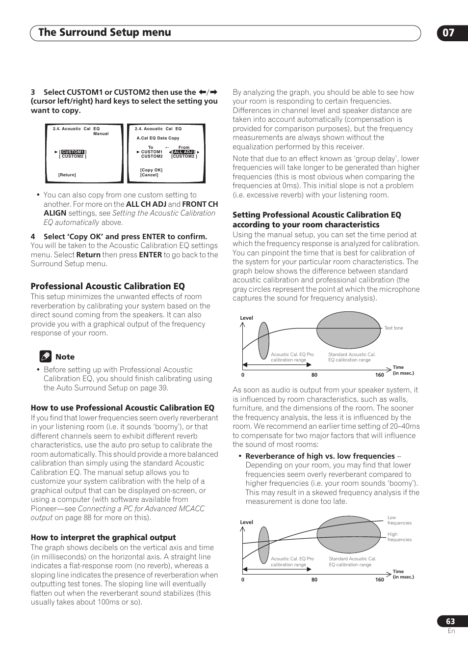 Professional acoustic calibration eq, The surround setup menu 07, How to use professional acoustic calibration eq | How to interpret the graphical output | Pioneer VSX-59TXi User Manual | Page 63 / 112