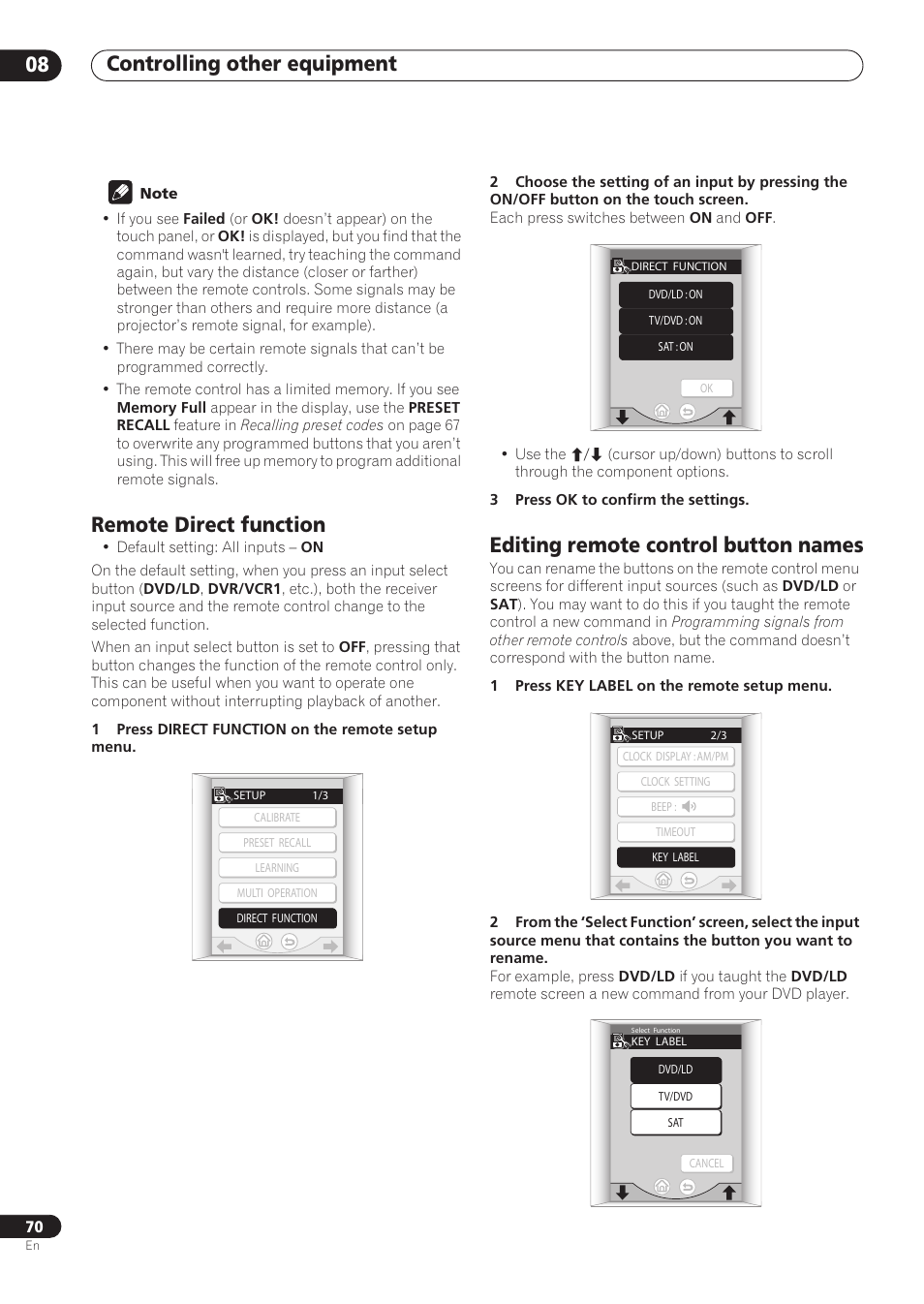 Remote direct function, Editing remote control button names, Controlling other equipment 08 | Pioneer VSX-59TXi User Manual | Page 70 / 112