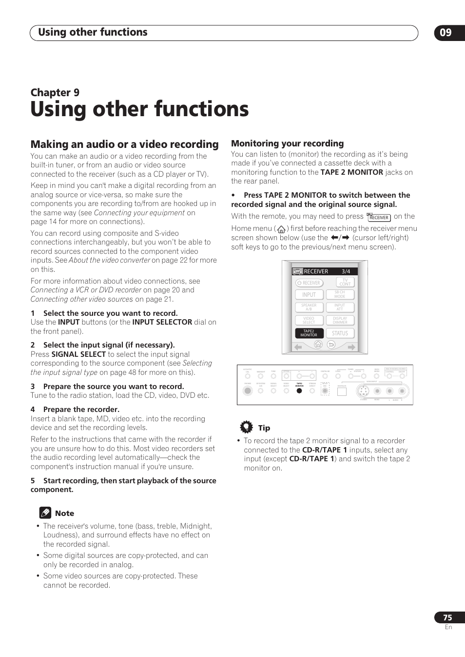 09 using other functions, Making an audio or a video recording, Monitoring your recording | Using other functions, Using other functions 09, Chapter 9 | Pioneer VSX-59TXi User Manual | Page 75 / 112