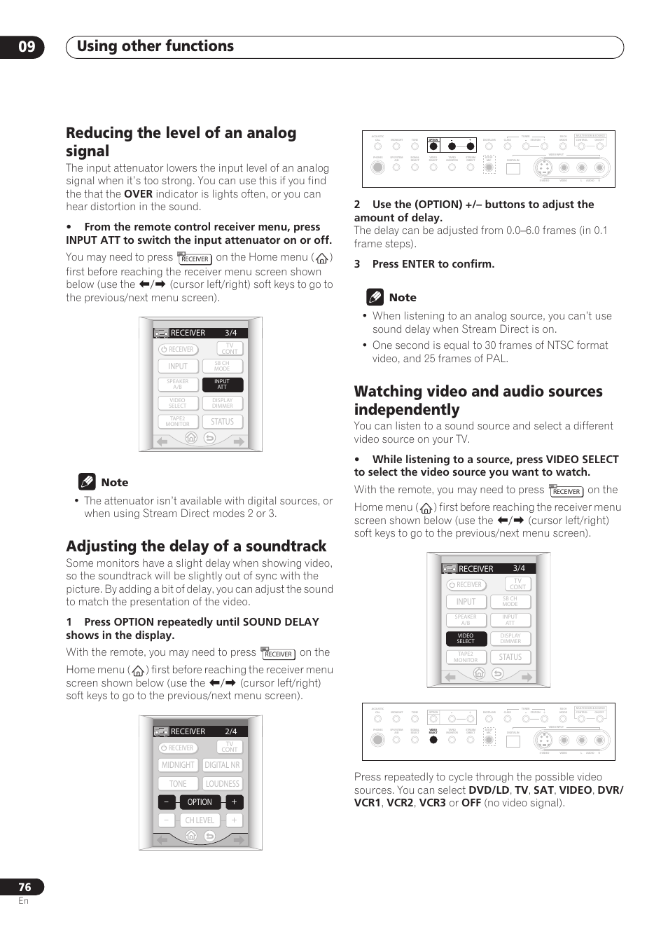 Reducing the level of an analog signal, Adjusting the delay of a soundtrack, Watching video and audio sources independently | Using other functions 09 | Pioneer VSX-59TXi User Manual | Page 76 / 112