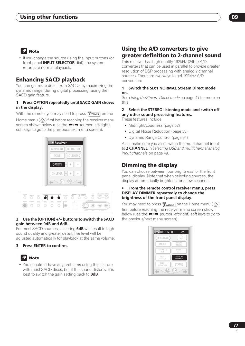 Enhancing sacd playback, Dimming the display, Using other functions 09 | Pioneer VSX-59TXi User Manual | Page 77 / 112