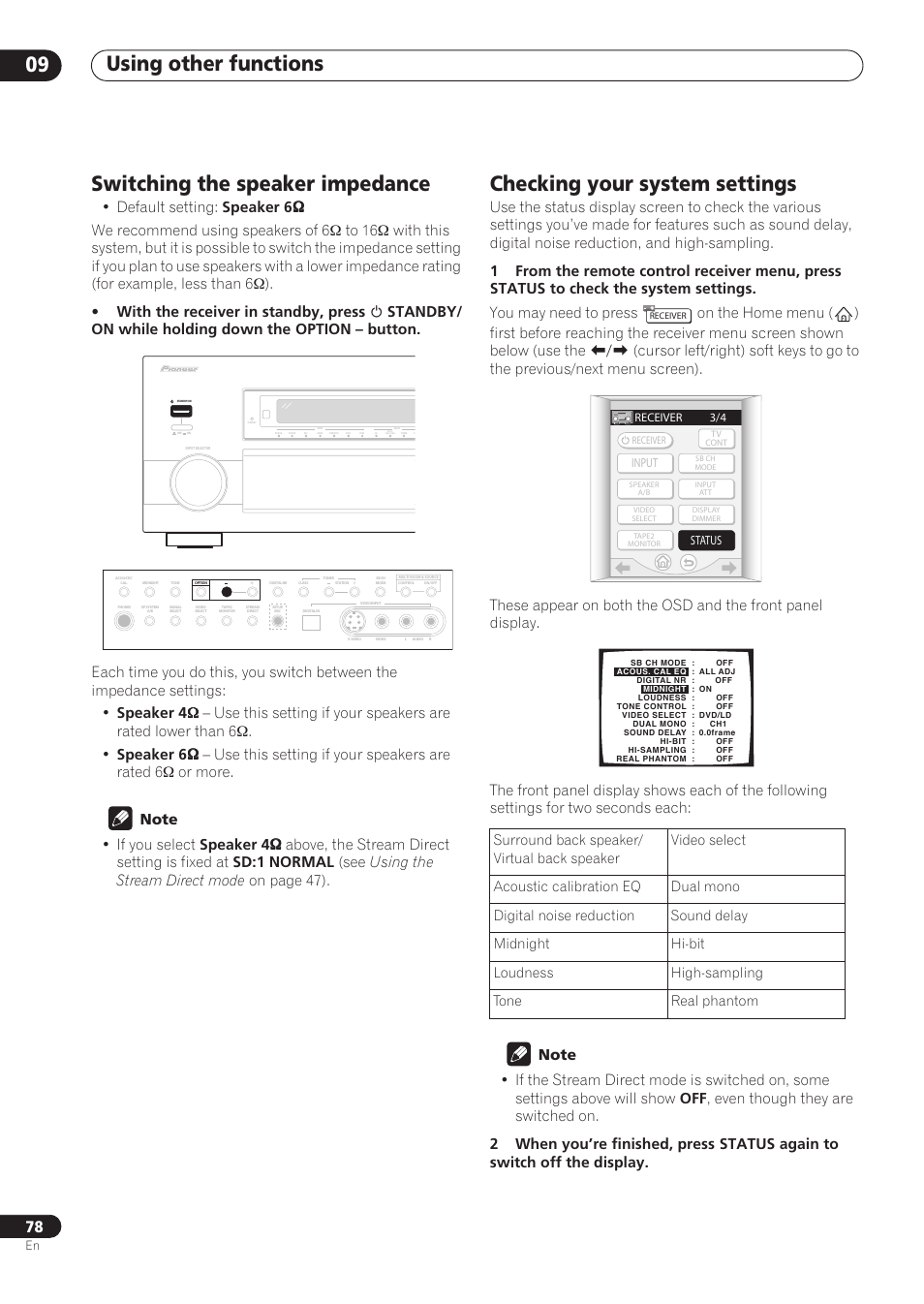 Switching the speaker impedance, Checking your system settings, Using other functions 09 | Pioneer VSX-59TXi User Manual | Page 78 / 112