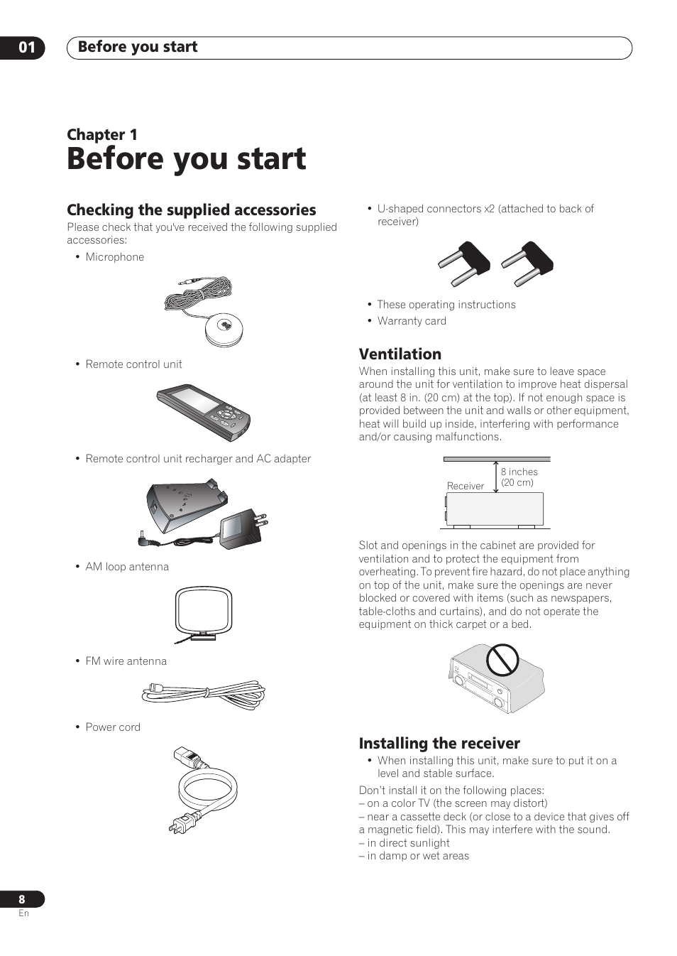01 before you start, Checking the supplied accessories, Ventilation | Installing the receiver, Before you start, Before you start 01, Chapter 1 | Pioneer VSX-59TXi User Manual | Page 8 / 112
