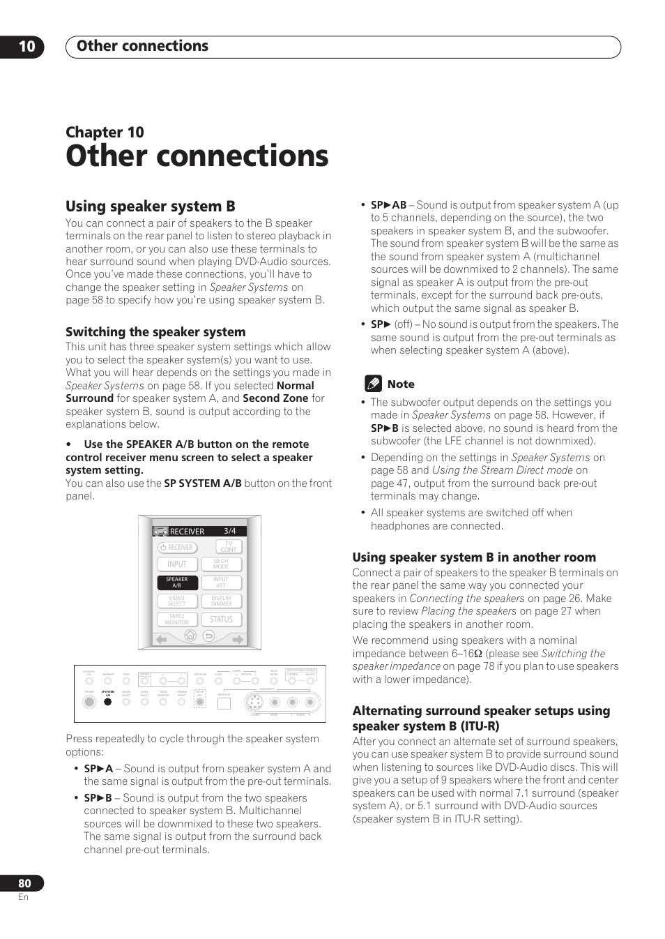 10 other connections, Using speaker system b, Switching the speaker system | Using speaker system b in another room, Other connections, Other connections 10, Chapter 10 | Pioneer VSX-59TXi User Manual | Page 80 / 112