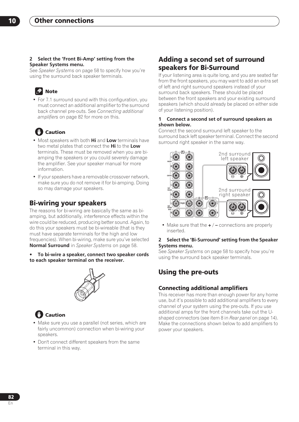 Bi-wiring your speakers, Using the pre-outs, Connecting additional amplifiers | Other connections 10 | Pioneer VSX-59TXi User Manual | Page 82 / 112