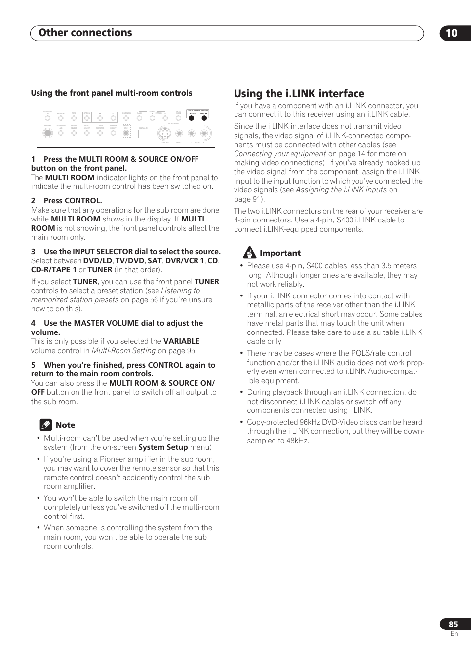 Using the i.link interface, Other connections 10, Using the front panel multi-room controls | Pioneer VSX-59TXi User Manual | Page 85 / 112