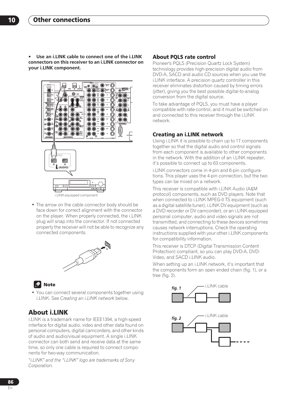 About i.link, About pqls rate control, Creating an i.link network | Other connections 10, Fig. 1 fig. 2 i.link cable i.link cable, I.link-equipped component | Pioneer VSX-59TXi User Manual | Page 86 / 112