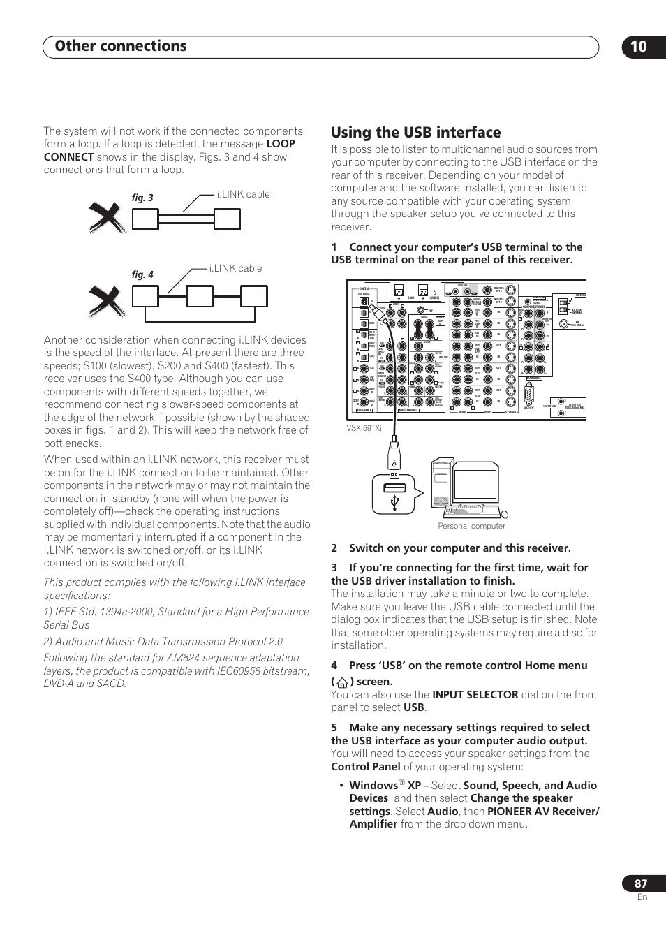 Using the usb interface, Other connections 10, Fig. 3 fig. 4 i.link cable i.link cable | Personal computer vsx-59txi | Pioneer VSX-59TXi User Manual | Page 87 / 112