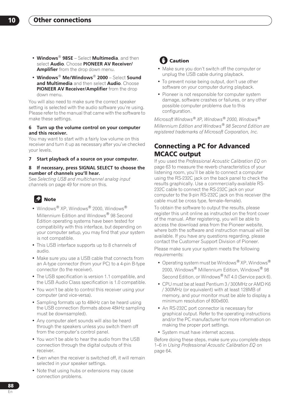 Connecting a pc for advanced mcacc output, Other connections 10 | Pioneer VSX-59TXi User Manual | Page 88 / 112