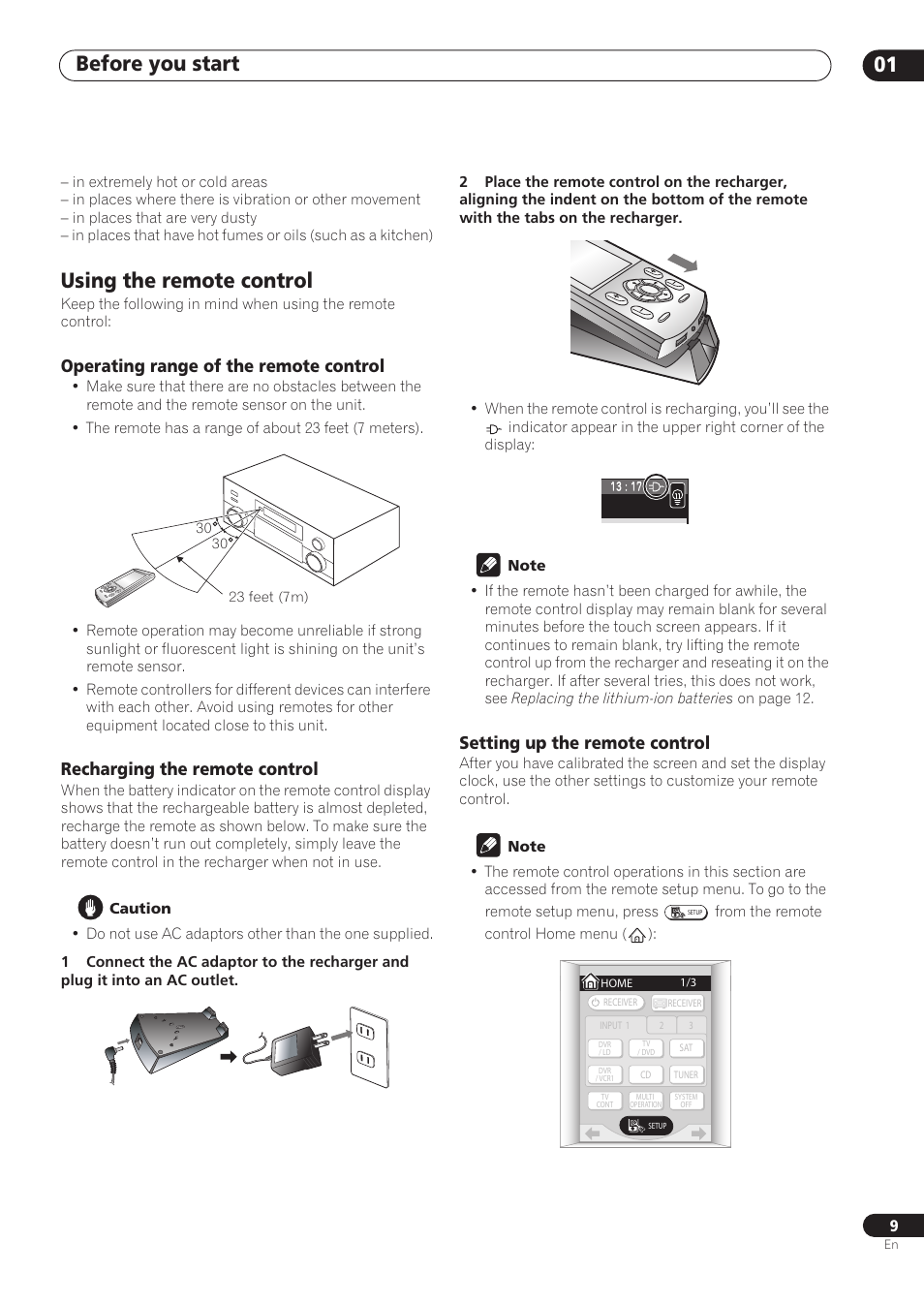 Using the remote control, Operating range of the remote control, Recharging the remote control | Setting up the remote control, Before you start 01 | Pioneer VSX-59TXi User Manual | Page 9 / 112