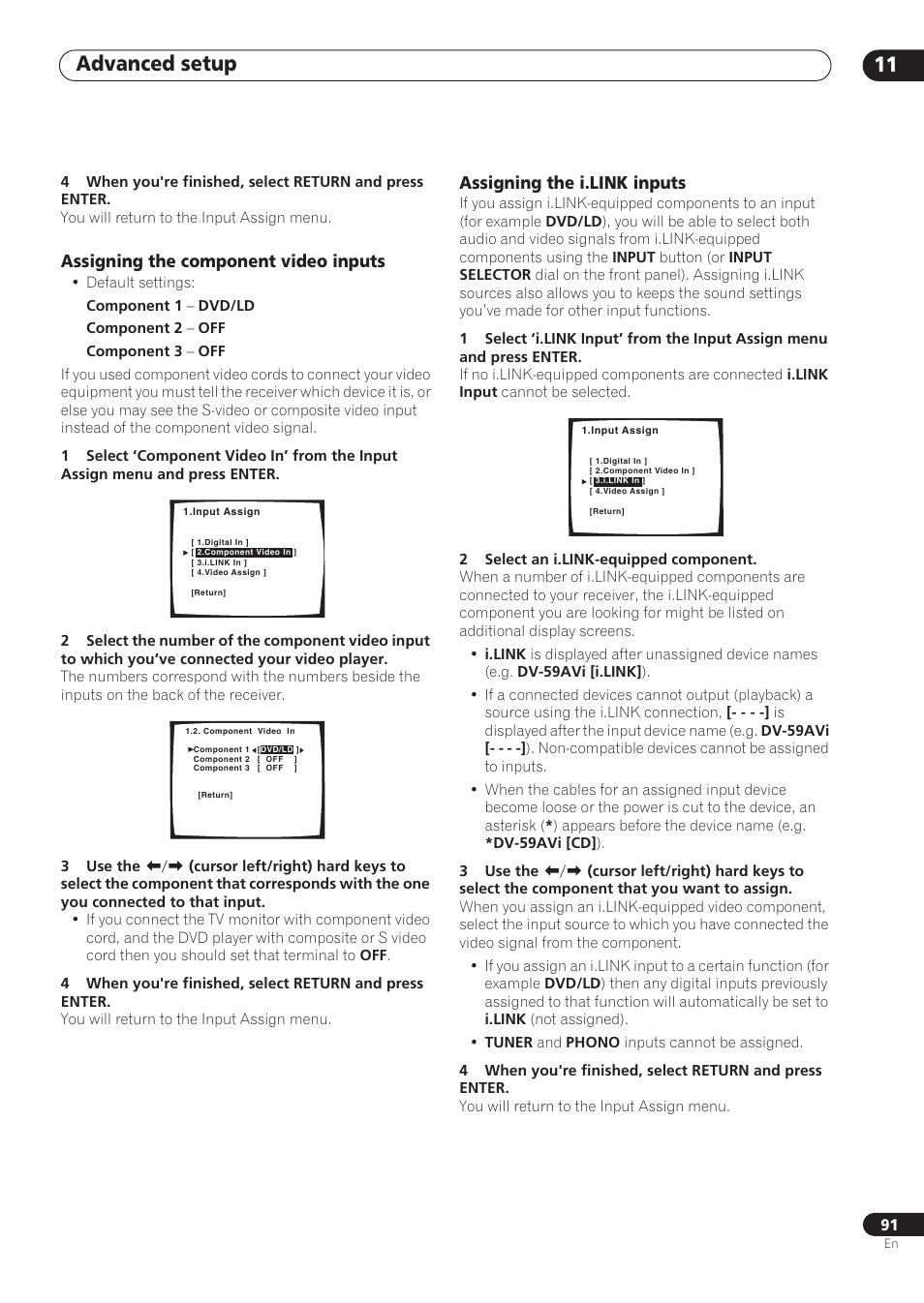 Assigning the component video inputs, Assigning the i.link inputs, Advanced setup 11 | Pioneer VSX-59TXi User Manual | Page 91 / 112