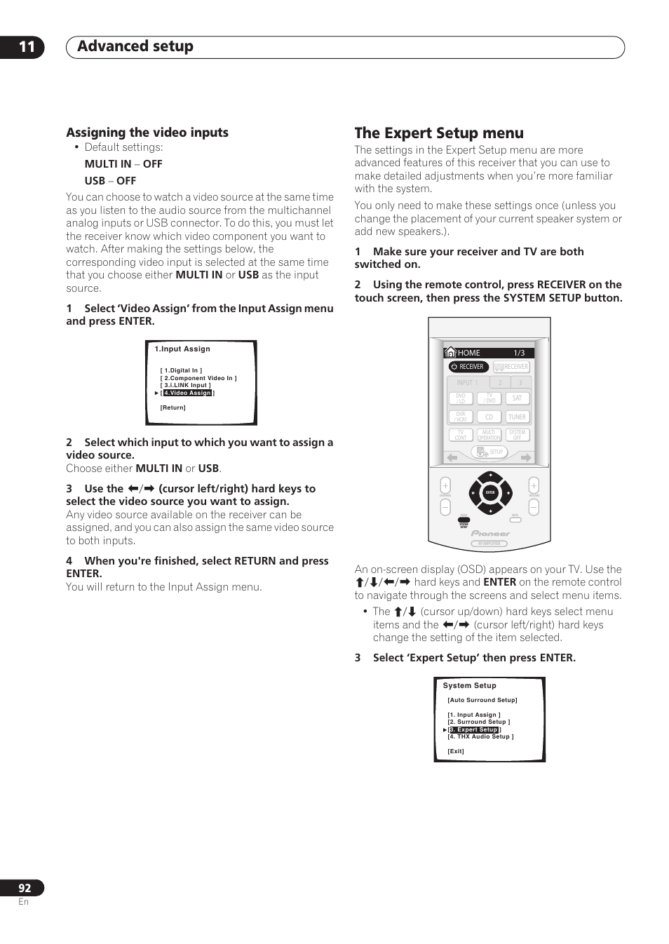 Assigning the video inputs, The expert setup menu, Advanced setup 11 | Pioneer VSX-59TXi User Manual | Page 92 / 112