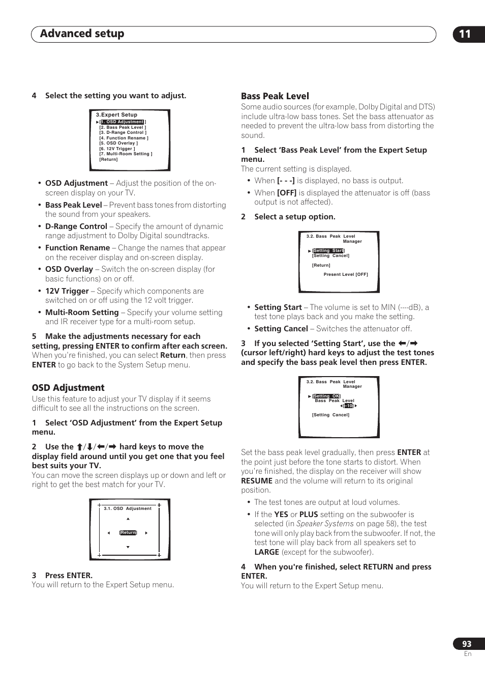 Osd adjustment, Bass peak level, Advanced setup 11 | Pioneer VSX-59TXi User Manual | Page 93 / 112