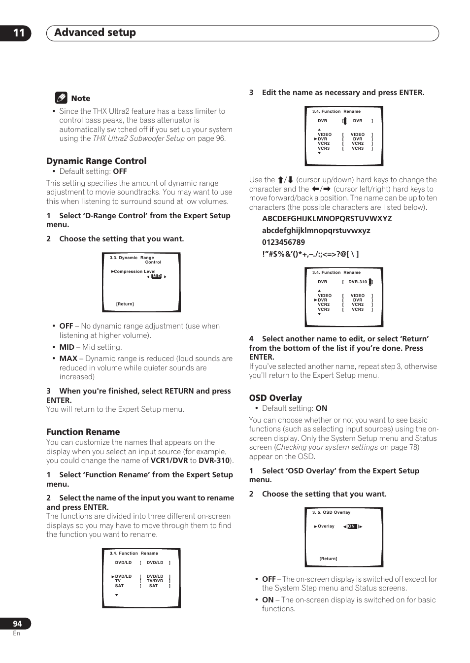 Dynamic range control, Function rename, Advanced setup 11 | Osd overlay | Pioneer VSX-59TXi User Manual | Page 94 / 112