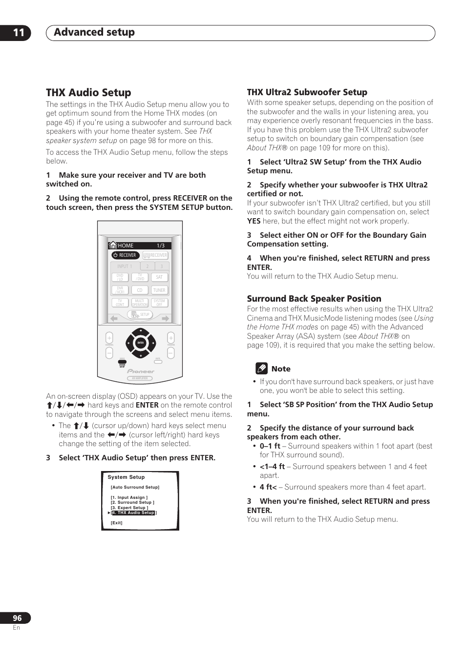 Thx audio setup, Thx ultra2 subwoofer setup, Surround back speaker position | Advanced setup 11 | Pioneer VSX-59TXi User Manual | Page 96 / 112