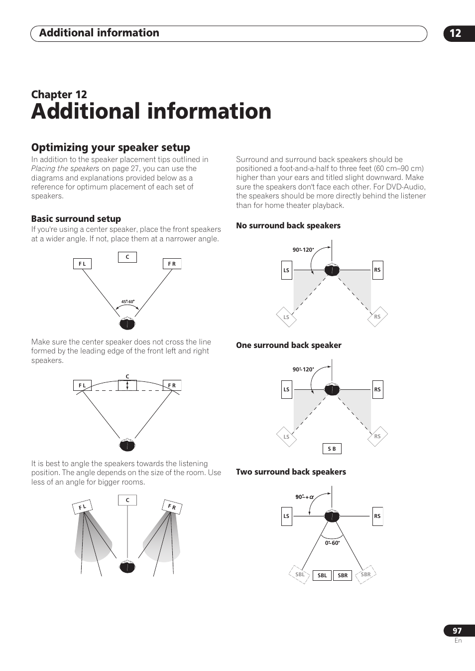 12 additional information, Optimizing your speaker setup, Basic surround setup | Additional information, Additional information 12, Chapter 12 | Pioneer VSX-59TXi User Manual | Page 97 / 112