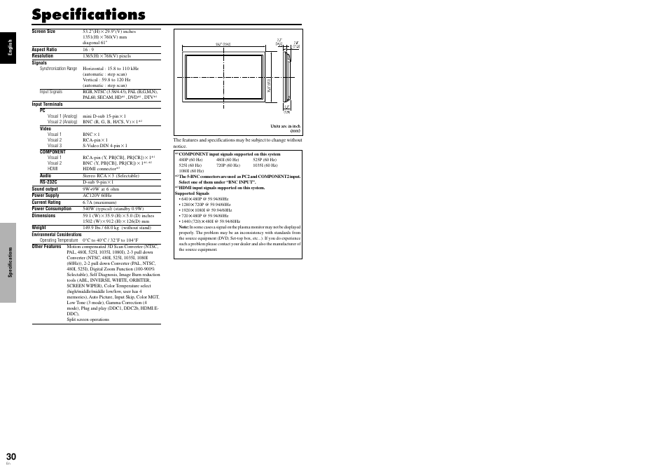 Specifications | Pioneer Elite PureVision PRO 1410HD User Manual | Page 19 / 19