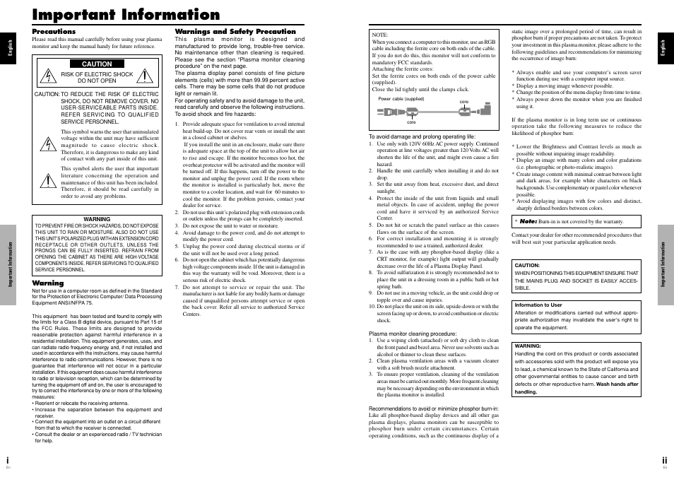 Important information | Pioneer Elite PureVision PRO 1410HD User Manual | Page 2 / 19