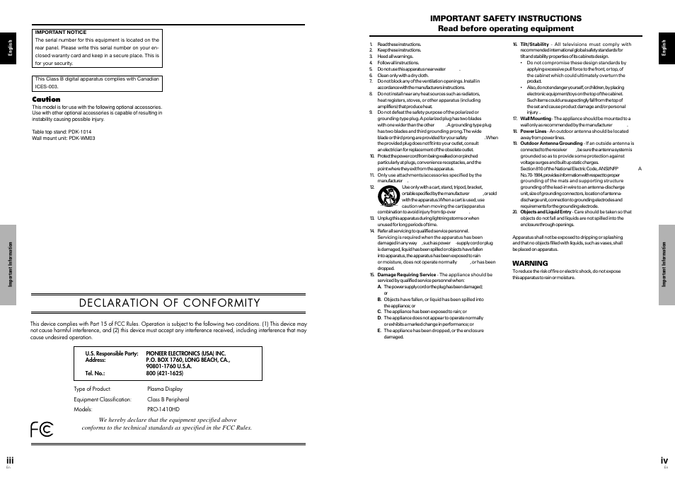 Declaration of conformity | Pioneer Elite PureVision PRO 1410HD User Manual | Page 3 / 19