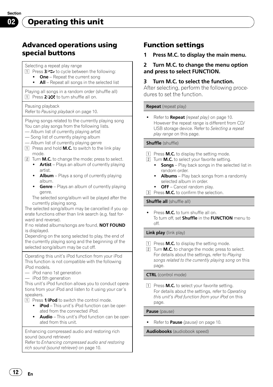 Advanced operations using special, Buttons, Function settings 12 | Operating this unit, Advanced operations using special buttons, Function settings | Pioneer DEH-3200UB User Manual | Page 12 / 80