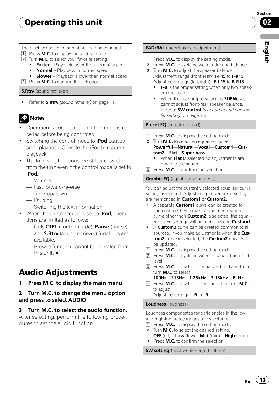 Audio adjustments, Operating this unit, English | Pioneer DEH-3200UB User Manual | Page 13 / 80