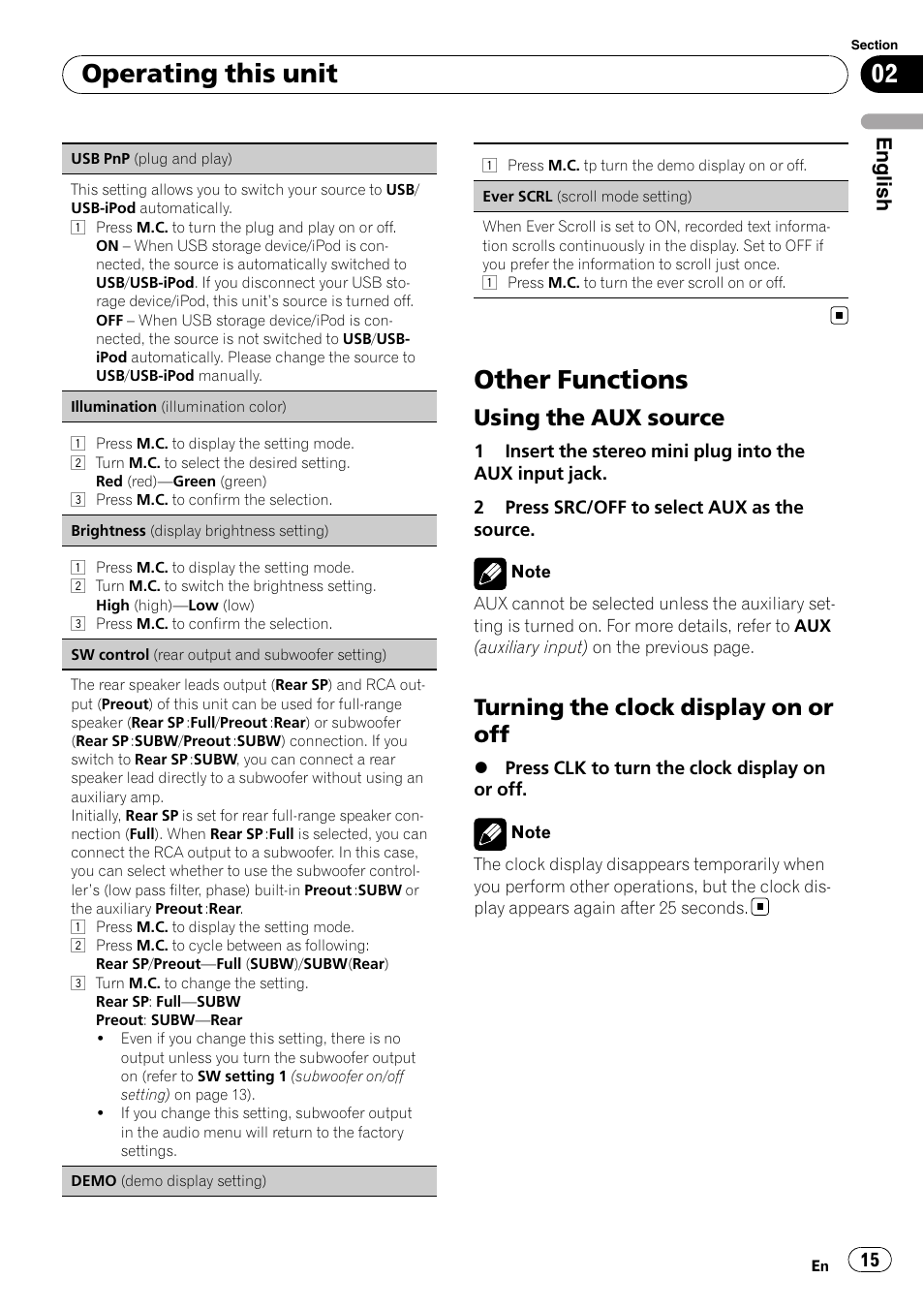 Other functions, Using the aux source 15, Turning the clock display on or off 15 | Operating this unit, Using the aux source, Turning the clock display on or off, English | Pioneer DEH-3200UB User Manual | Page 15 / 80