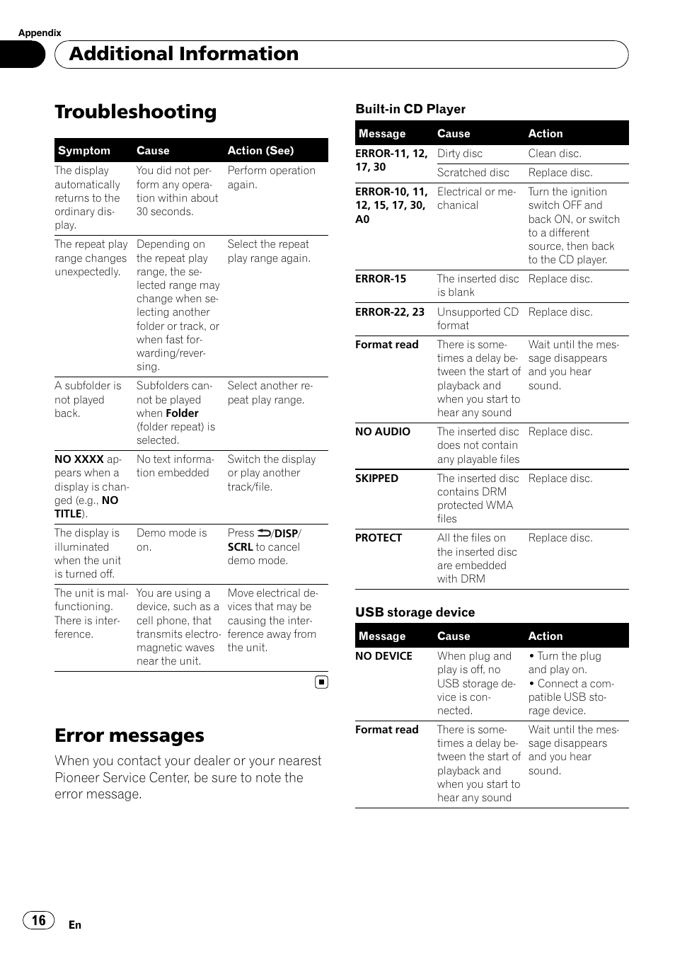 Additional information troubleshooting, Error messages, Troubleshooting | Additional information | Pioneer DEH-3200UB User Manual | Page 16 / 80
