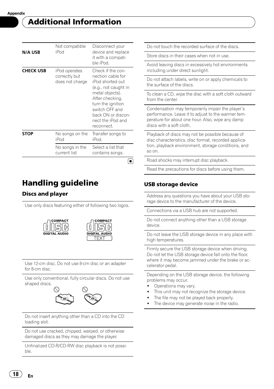 Handling guideline, Additional information | Pioneer DEH-3200UB User Manual | Page 18 / 80