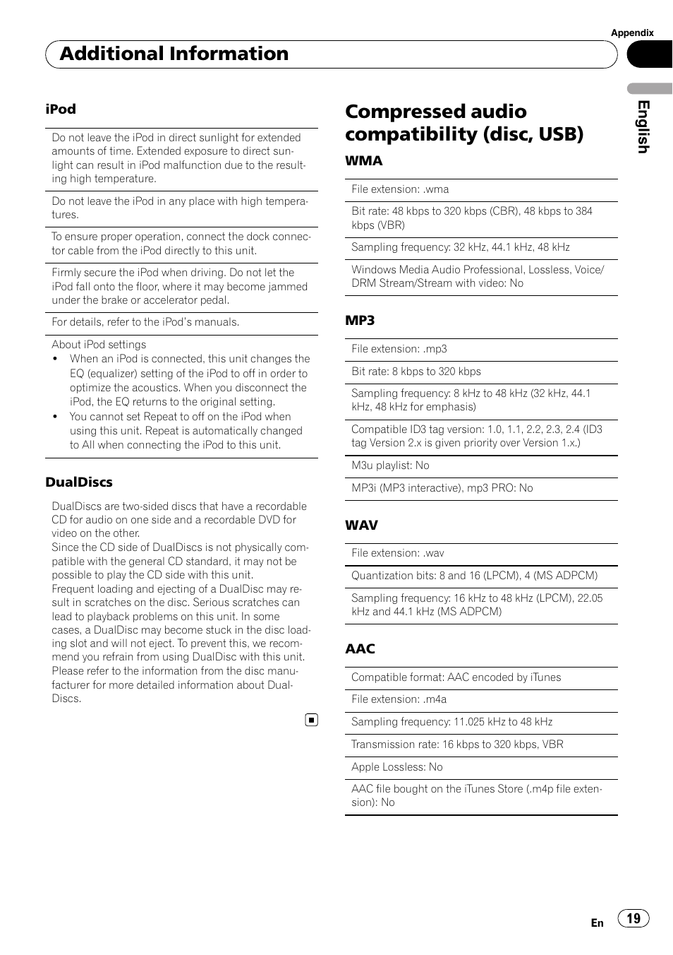 Compressed audio compatibility (disc, Usb), Compressed audio compatibility (disc, usb) | Additional information, English | Pioneer DEH-3200UB User Manual | Page 19 / 80
