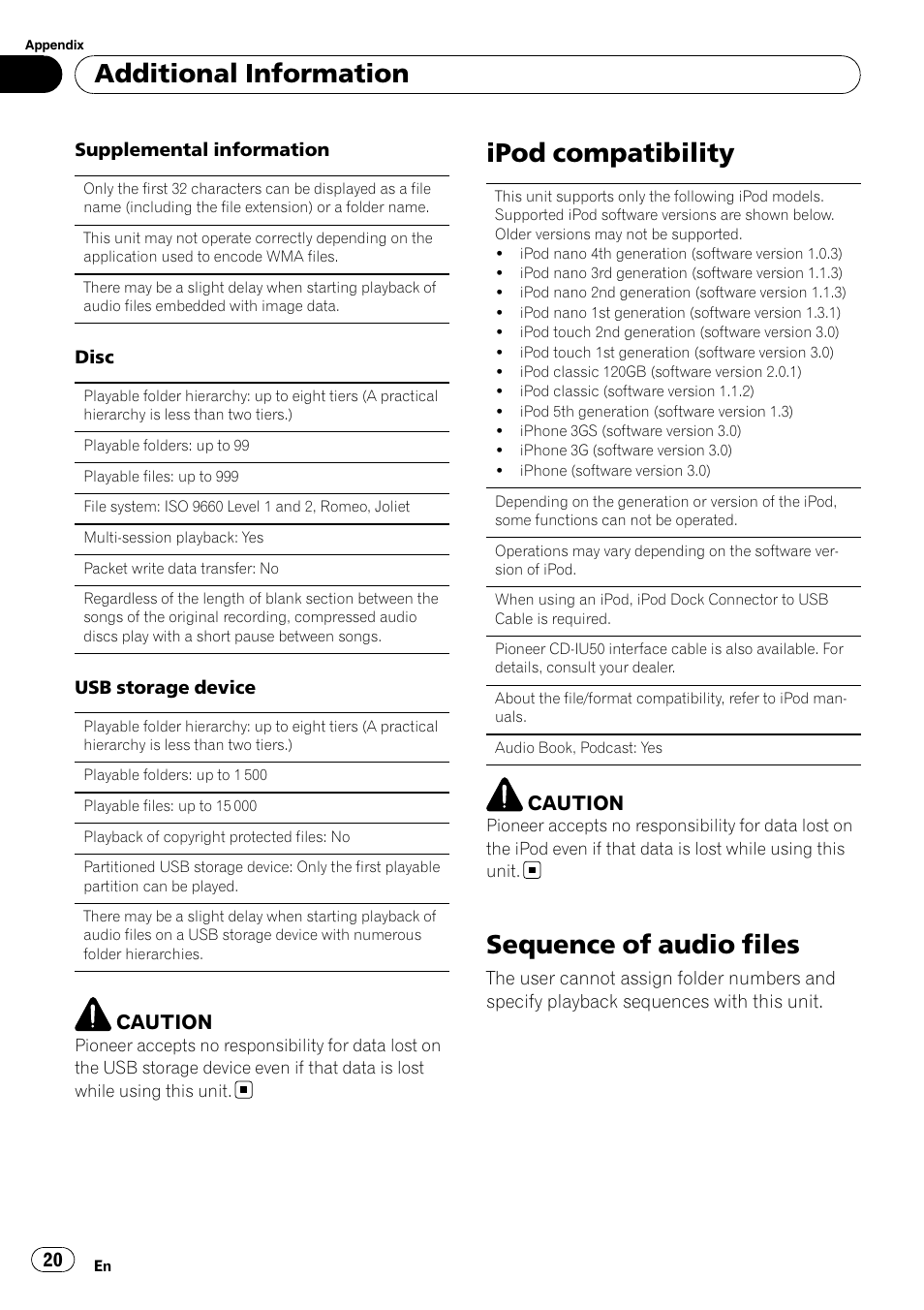 Ipod compatibility, Sequence of audio files, Additional information | Caution | Pioneer DEH-3200UB User Manual | Page 20 / 80