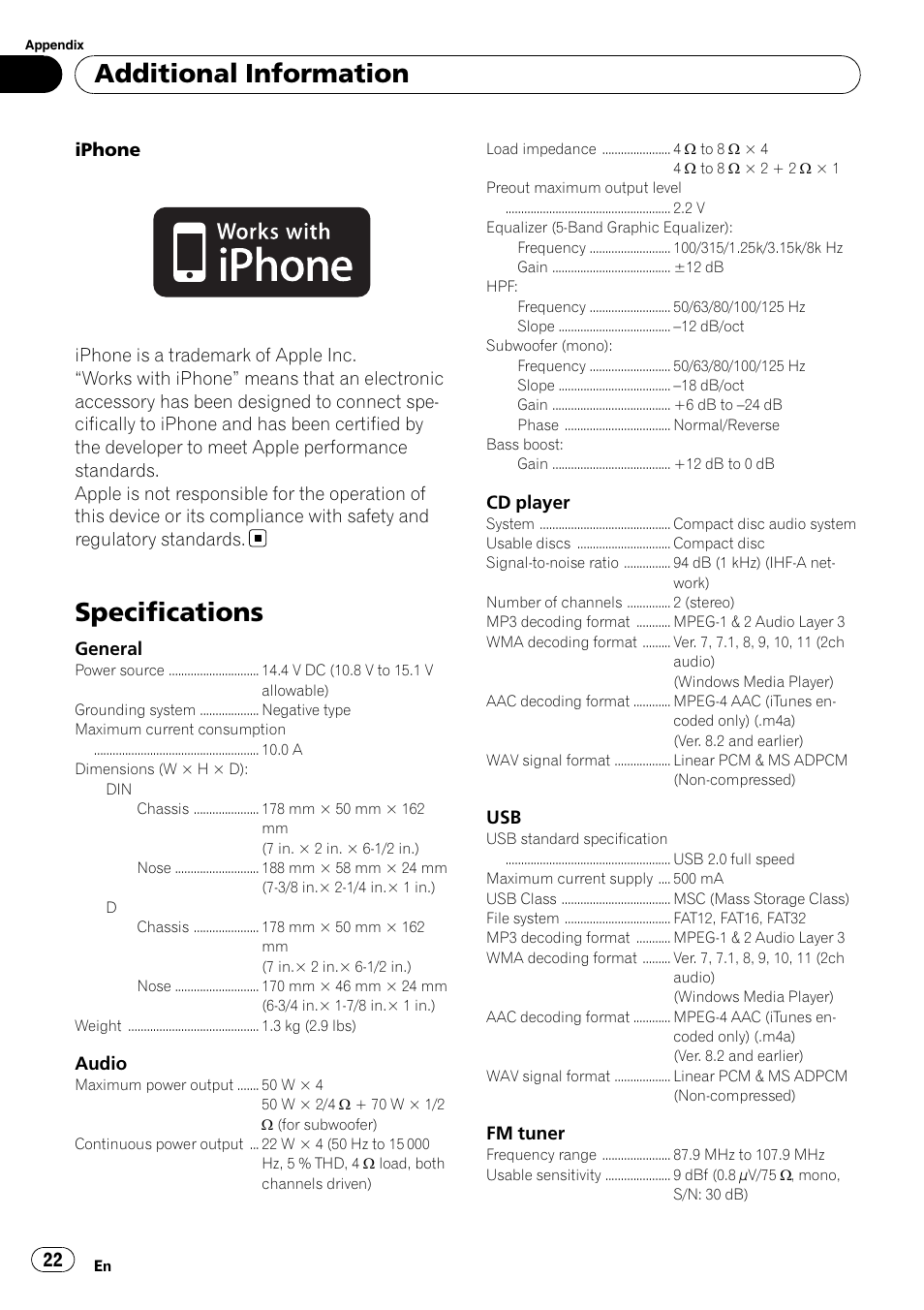 Specifications, Additional information | Pioneer DEH-3200UB User Manual | Page 22 / 80