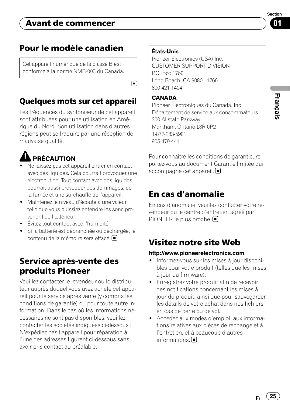 Avant de commencer, Pour le modèle canadien, Quelques mots sur cet appareil | Service après-vente des produits pioneer, En cas d, Anomalie 25, Visitez notre site web, En cas d ’anomalie | Pioneer DEH-3200UB User Manual | Page 25 / 80