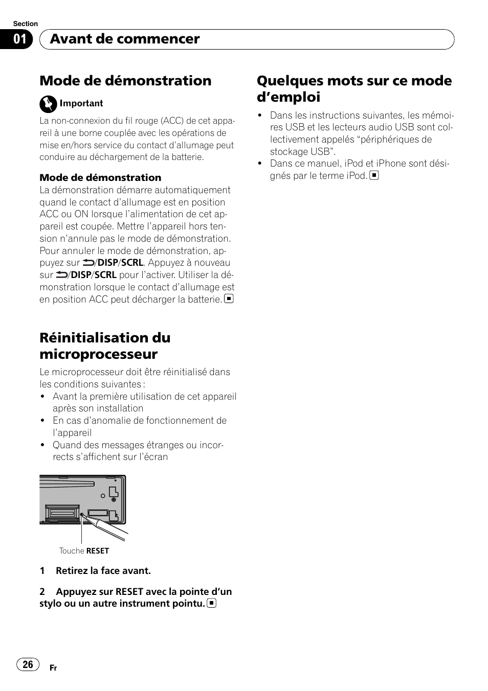 Mode de démonstration, Réinitialisation du microprocesseur, Quelques mots sur ce mode d | Emploi 26, Quelques mots sur ce mode d ’emploi, Avant de commencer | Pioneer DEH-3200UB User Manual | Page 26 / 80
