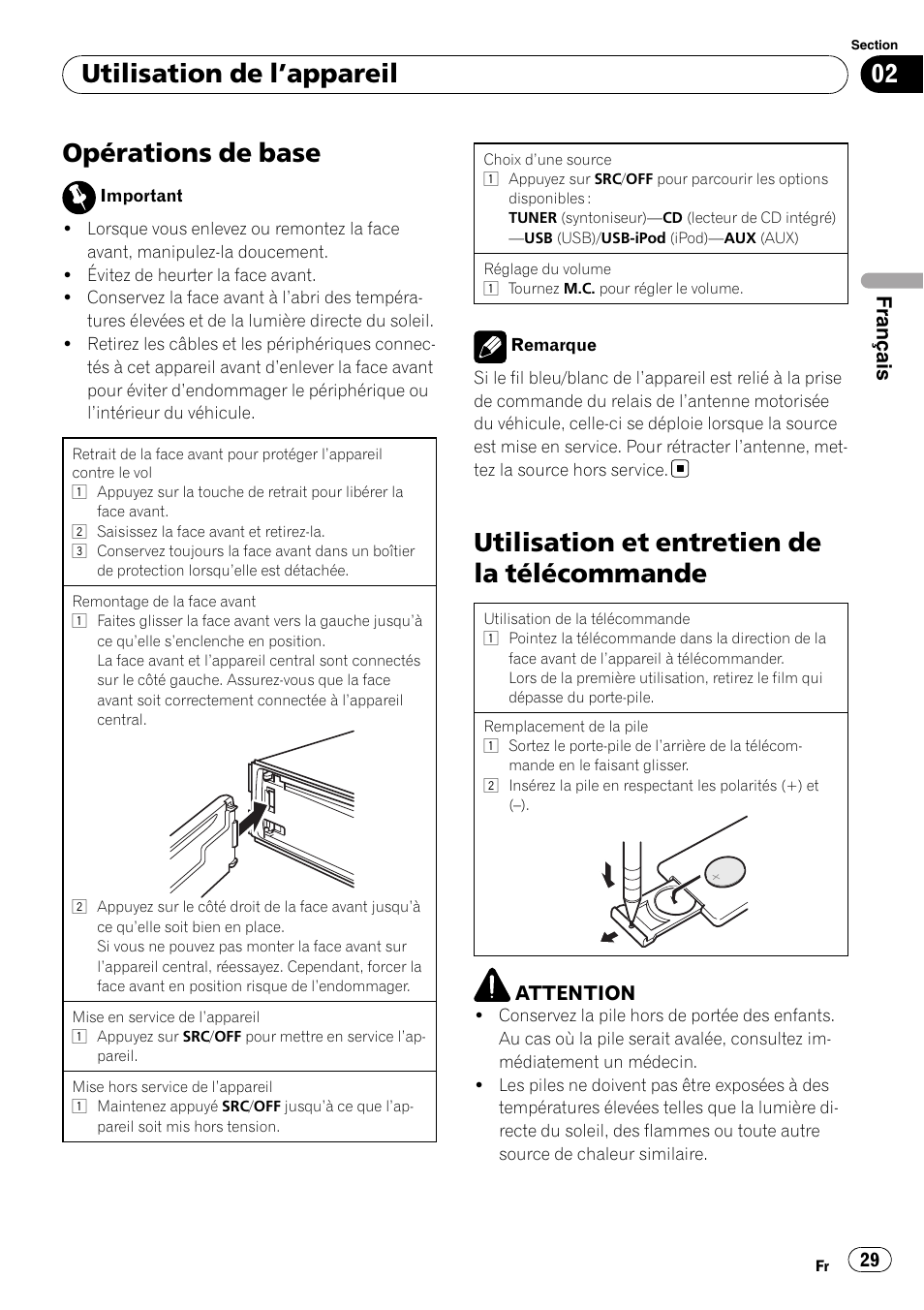 Opérations de base, Utilisation et entretien de la, Télécommande | Utilisation et entretien de la télécommande, Utilisation de l ’appareil, Français | Pioneer DEH-3200UB User Manual | Page 29 / 80