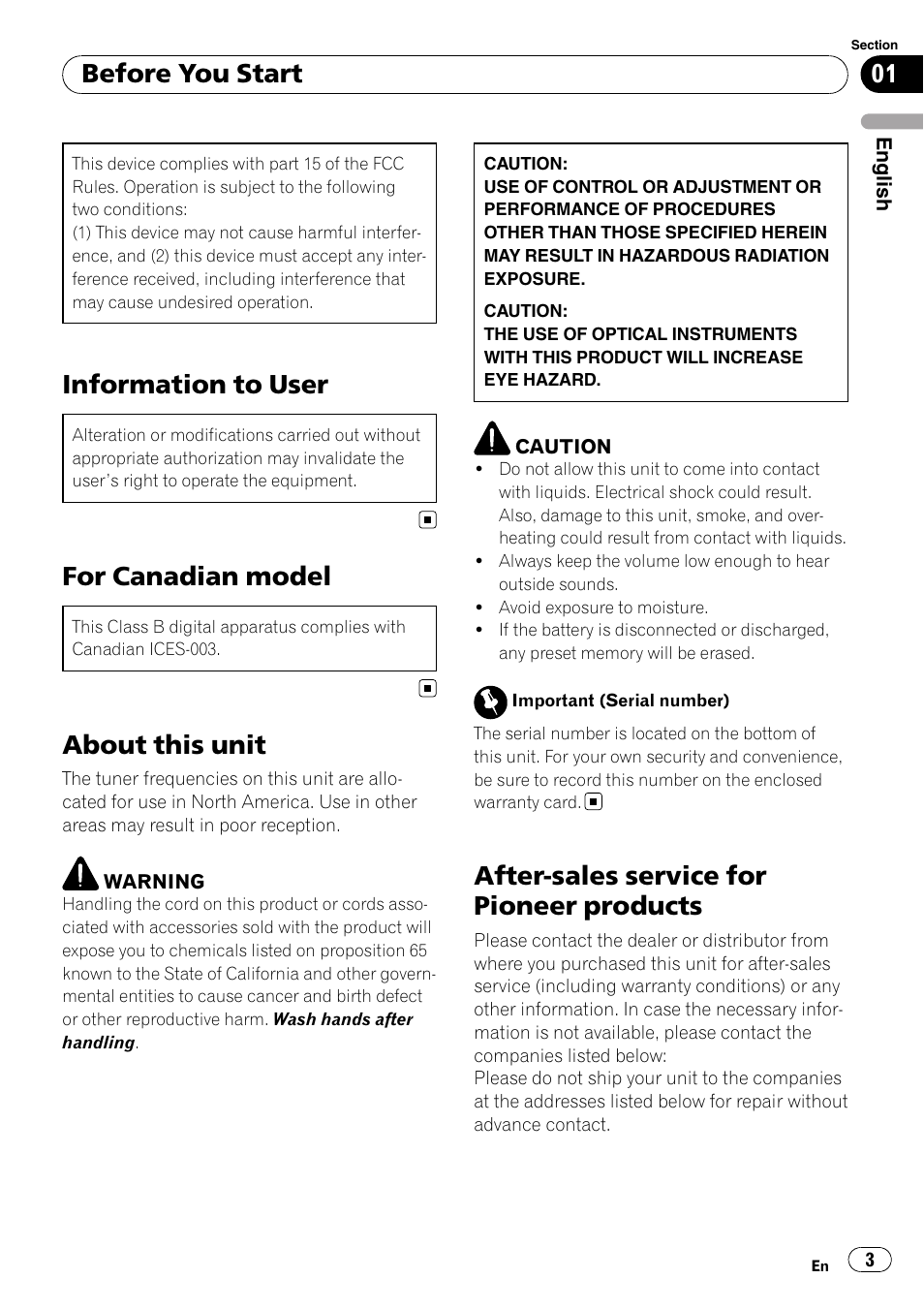 Before you start, Information to user, For canadian model | About this unit, After-sales service for pioneer products | Pioneer DEH-3200UB User Manual | Page 3 / 80