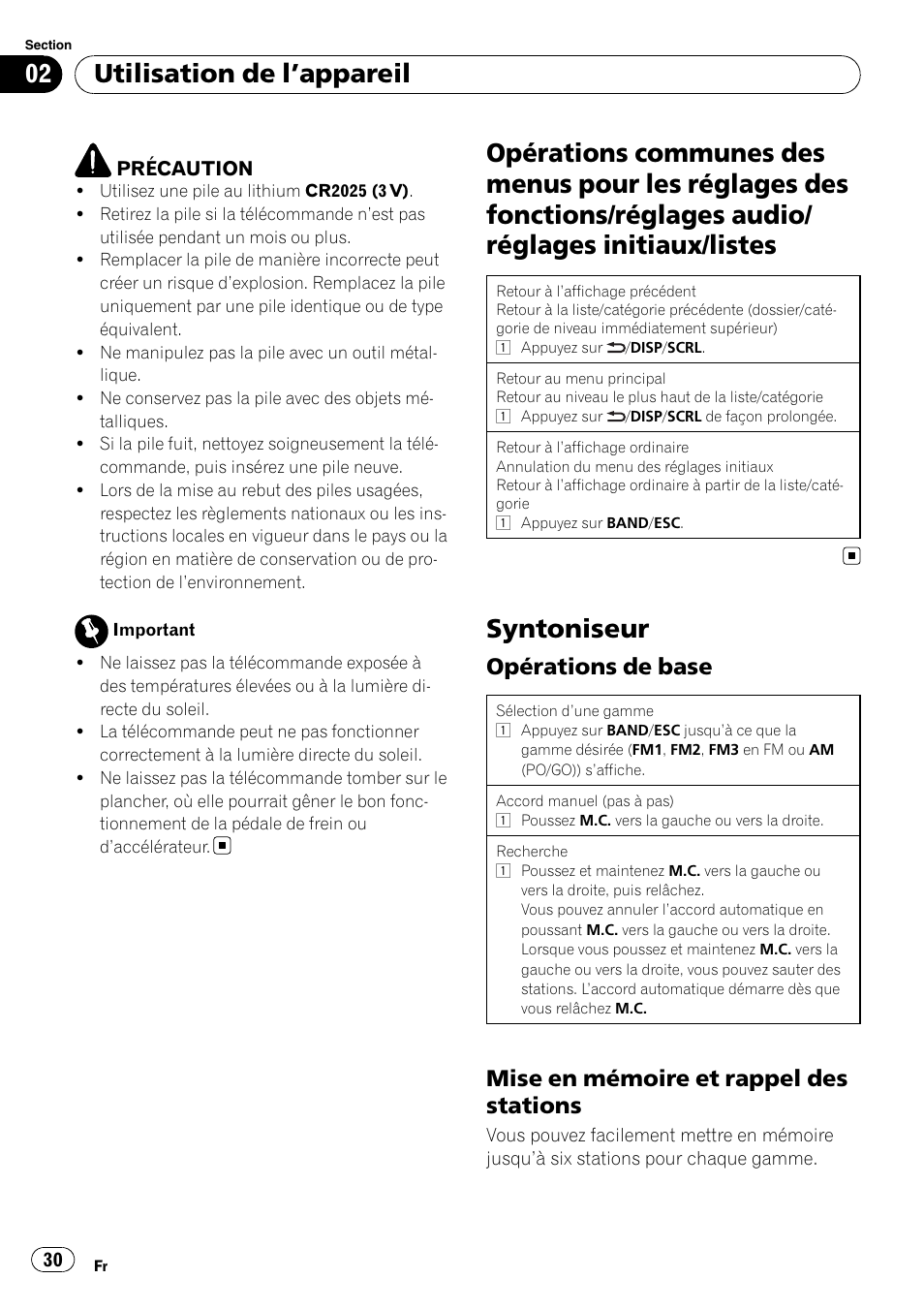 Opérations communes des menus pour les, Syntoniseur, Opérations de base 30 | Mise en mémoire et rappel des, Stations, Utilisation de l ’appareil, Opérations de base, Mise en mémoire et rappel des stations | Pioneer DEH-3200UB User Manual | Page 30 / 80
