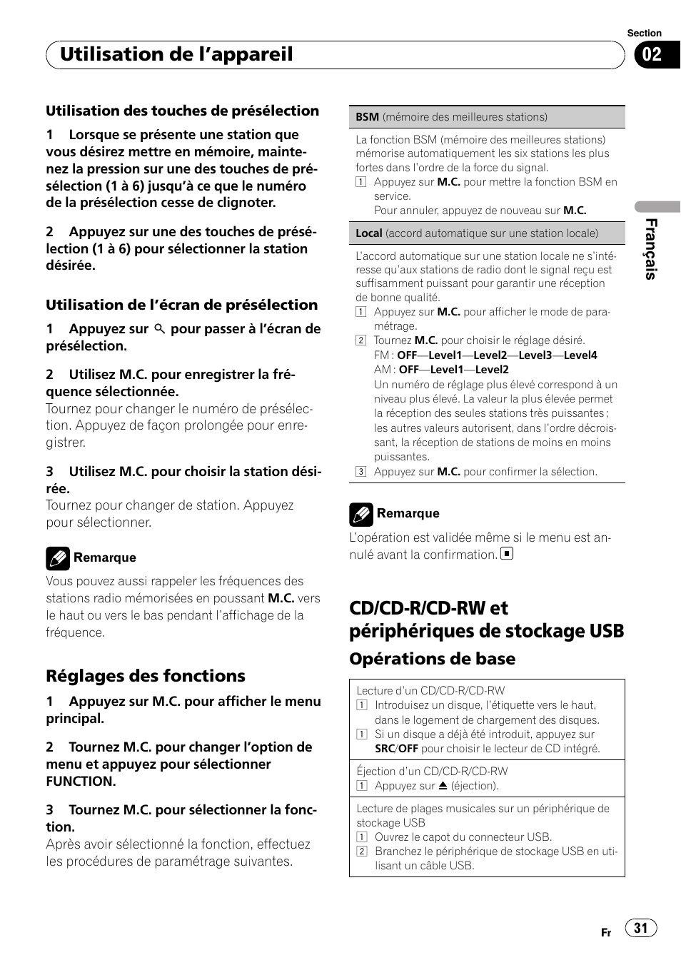 Réglages des fonctions 31, Cd/cd-r/cd-rw et périphériques de, Stockage usb | Opérations de base 31, Cd/cd-r/cd-rw et périphériques de stockage usb, Utilisation de l ’appareil, Réglages des fonctions, Opérations de base | Pioneer DEH-3200UB User Manual | Page 31 / 80