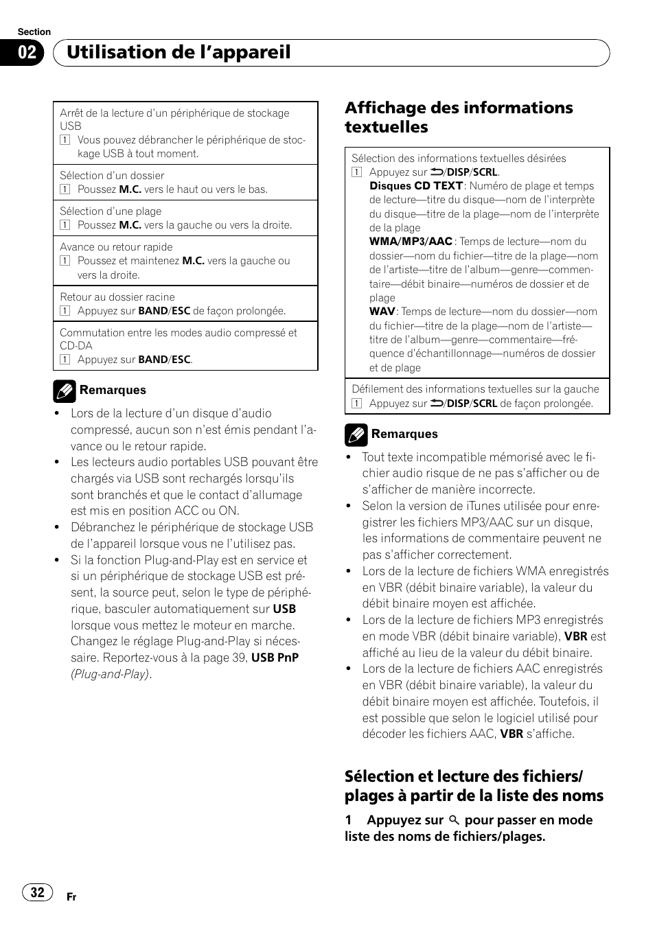 Affichage des informations, Textuelles, Sélection et lecture des fichiers/plages | À partir de la liste des noms, Utilisation de l ’appareil, Affichage des informations textuelles | Pioneer DEH-3200UB User Manual | Page 32 / 80