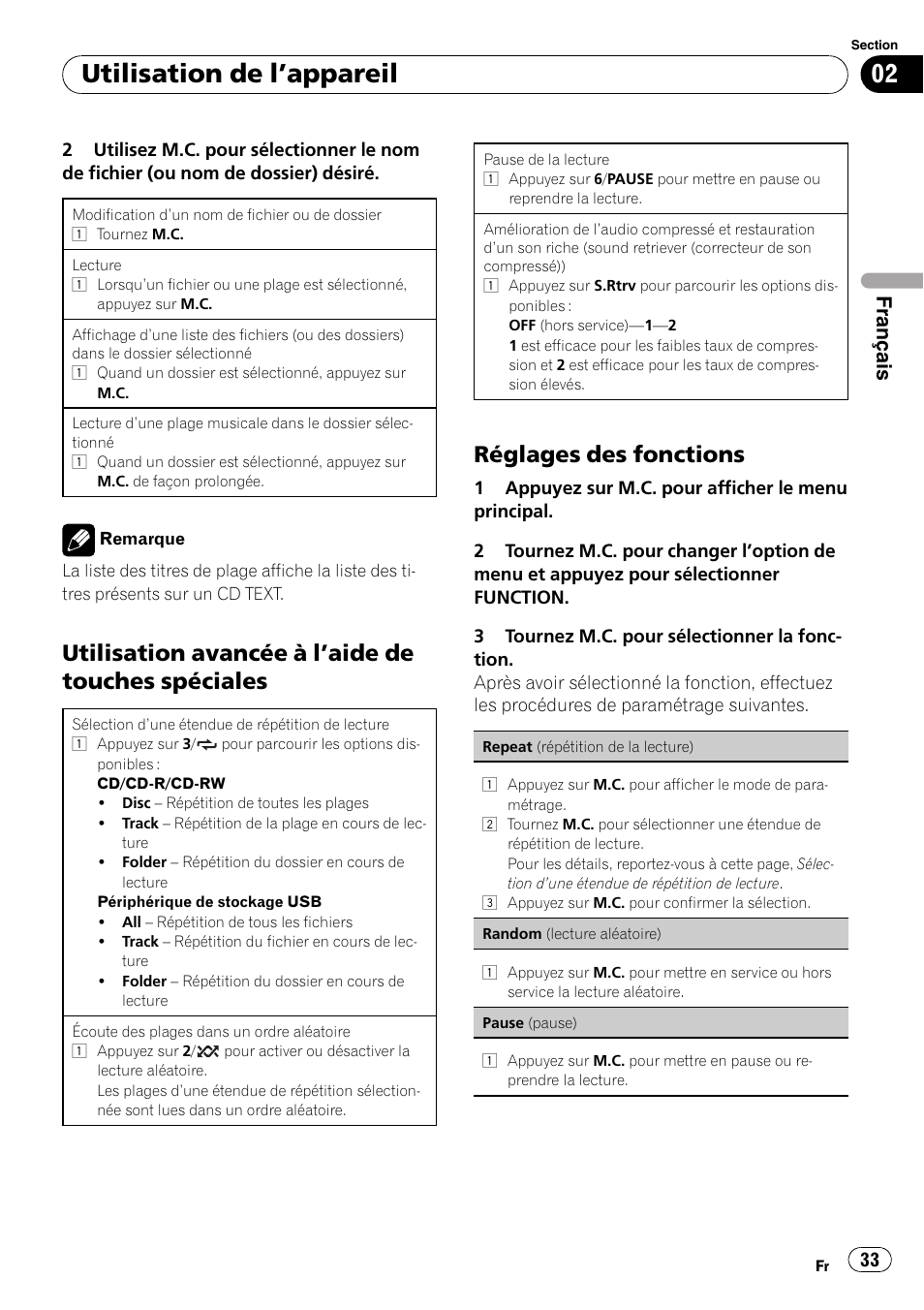Utilisation avancée à l’aide de touches, Spéciales, Réglages des fonctions 33 | Utilisation de l ’appareil, Utilisation avancée à l ’aide de touches spéciales, Réglages des fonctions, Français | Pioneer DEH-3200UB User Manual | Page 33 / 80