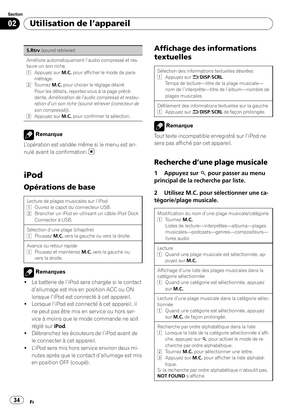 Ipod, Opérations de base 34, Affichage des informations | Textuelles, Recherche d’une plage musicale 34, Utilisation de l ’appareil, Opérations de base, Affichage des informations textuelles, Recherche d ’une plage musicale | Pioneer DEH-3200UB User Manual | Page 34 / 80