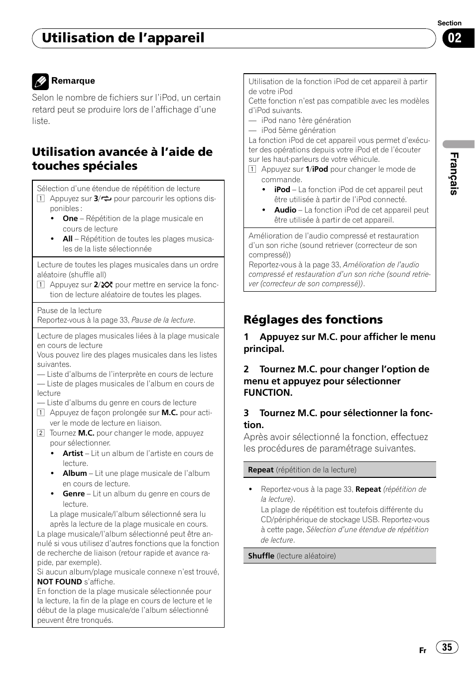 Utilisation avancée à l’aide de touches, Spéciales, Réglages des fonctions 35 | Utilisation de l ’appareil, Utilisation avancée à l ’aide de touches spéciales, Réglages des fonctions, Français | Pioneer DEH-3200UB User Manual | Page 35 / 80