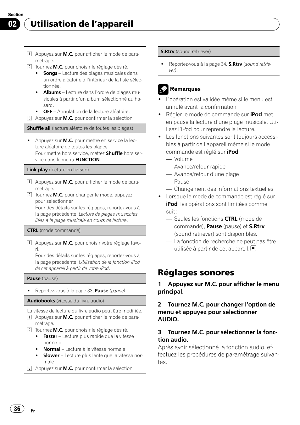 Réglages sonores, Utilisation de l ’appareil | Pioneer DEH-3200UB User Manual | Page 36 / 80