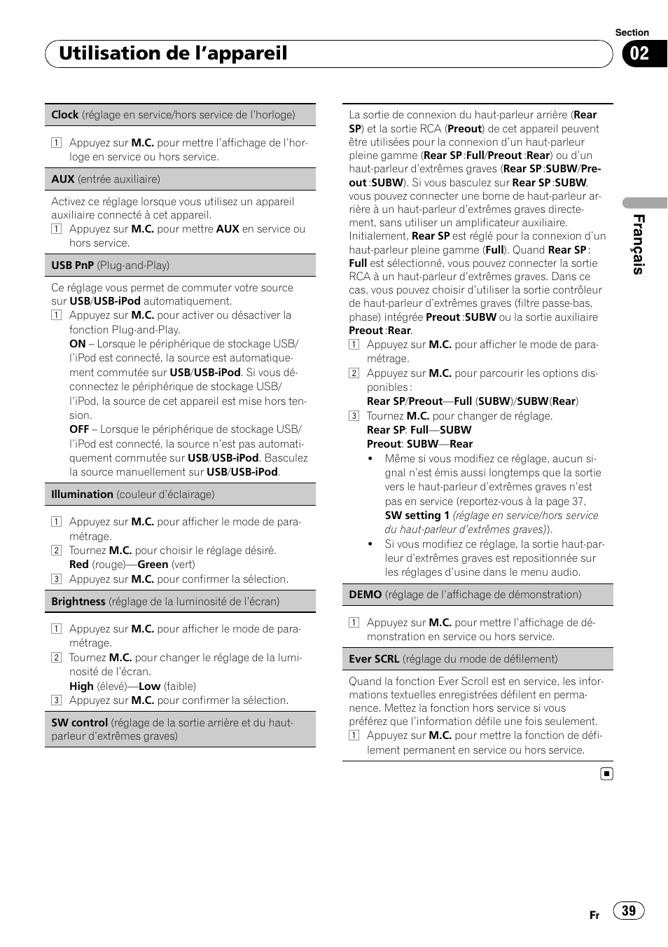 Sw control (réglage de la sortie arrière et, Du haut-parleur d, Extrêmes graves) | Utilisation de l ’appareil, Français | Pioneer DEH-3200UB User Manual | Page 39 / 80