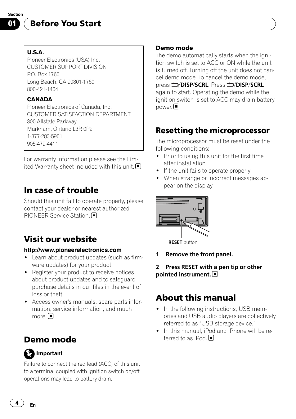 In case of trouble, Visit our website, Demo mode | Resetting the microprocessor, About this manual, Before you start | Pioneer DEH-3200UB User Manual | Page 4 / 80