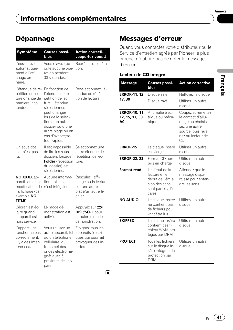 Informations complémentaires dépannage, Messages d, Erreur 41 | Dépannage, Messages d ’erreur, Informations complémentaires, Français | Pioneer DEH-3200UB User Manual | Page 41 / 80