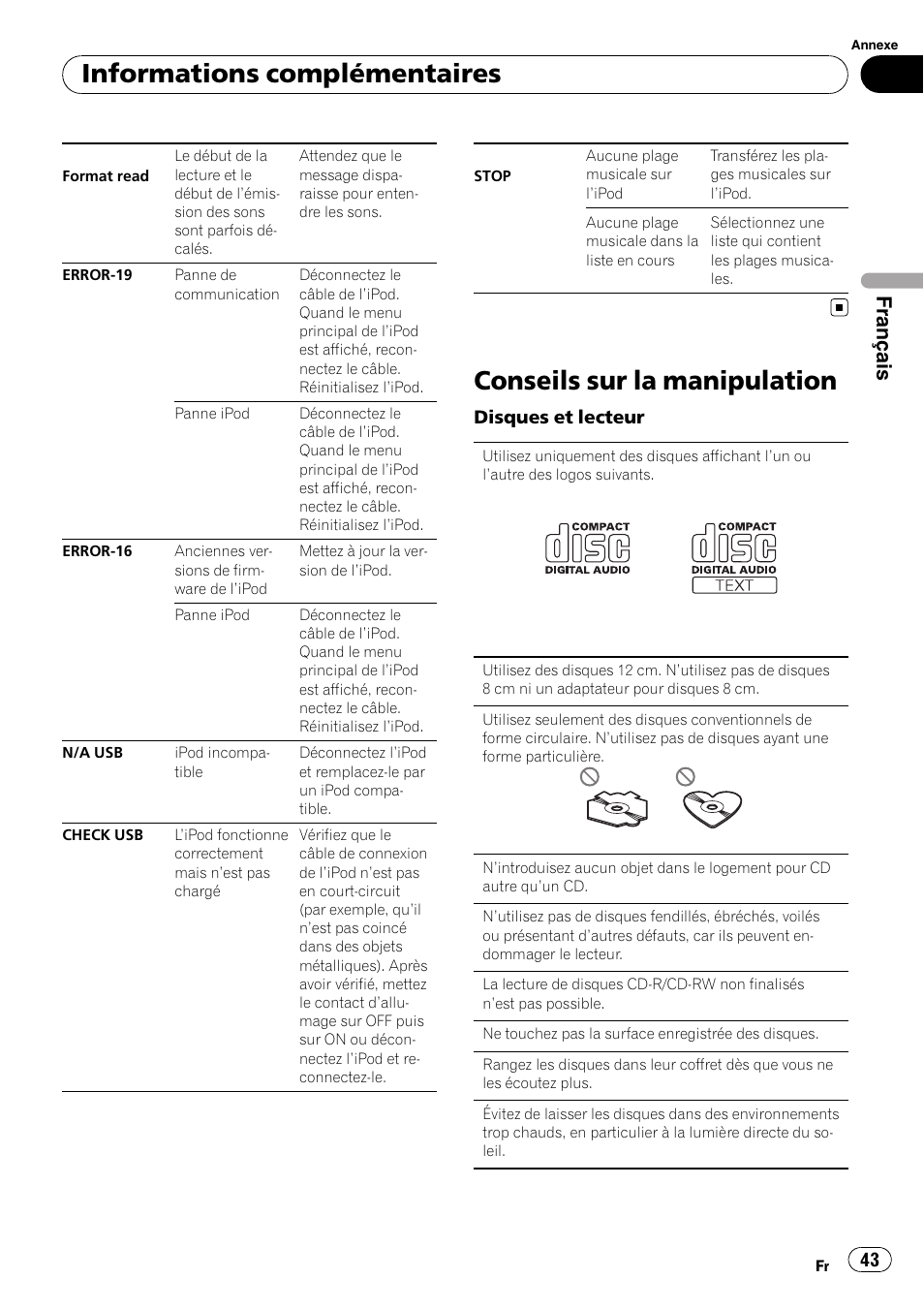 Conseils sur la manipulation, Informations complémentaires, Français | Disques et lecteur | Pioneer DEH-3200UB User Manual | Page 43 / 80