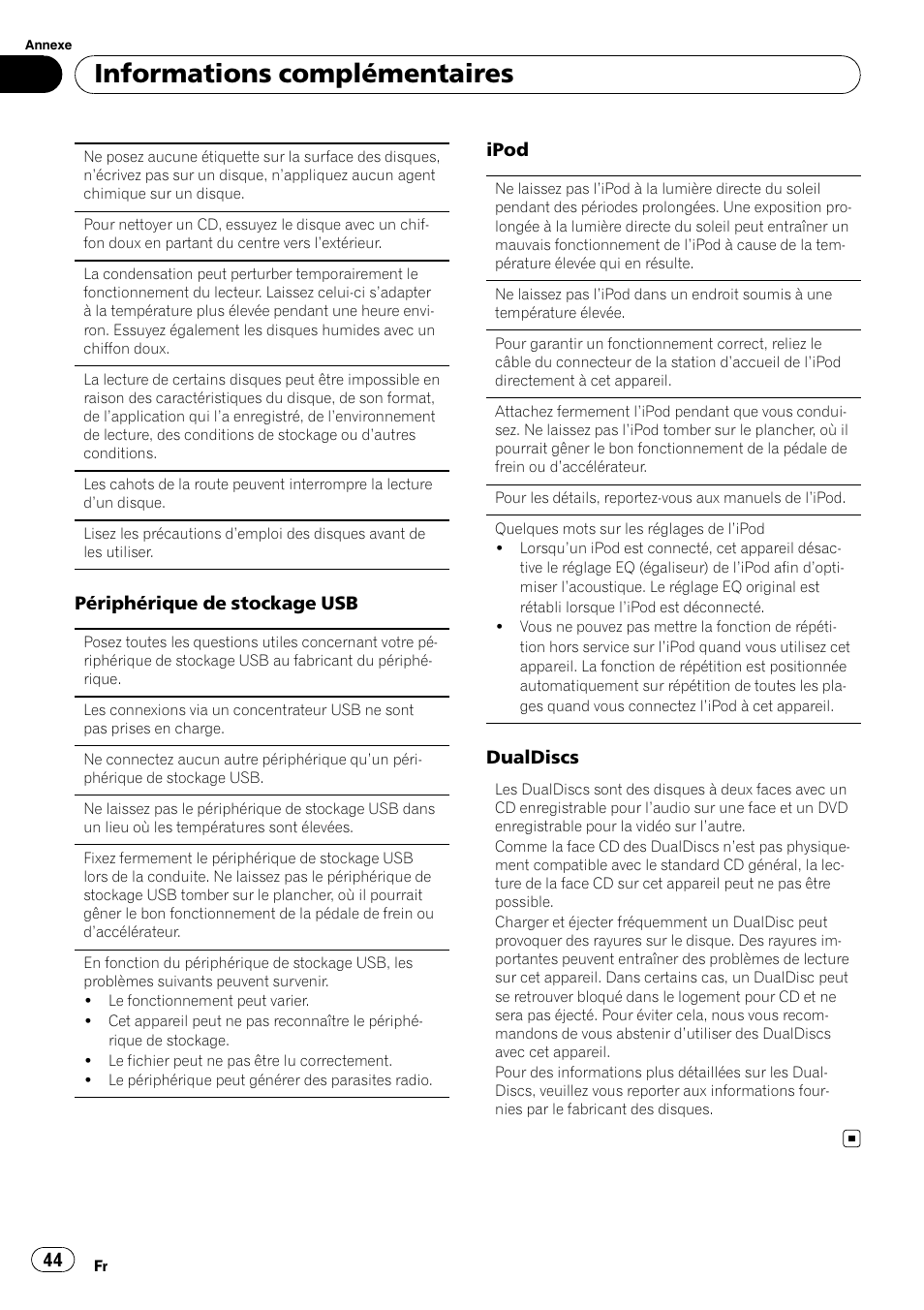Informations complémentaires, Périphérique de stockage usb, Ipod | Dualdiscs | Pioneer DEH-3200UB User Manual | Page 44 / 80