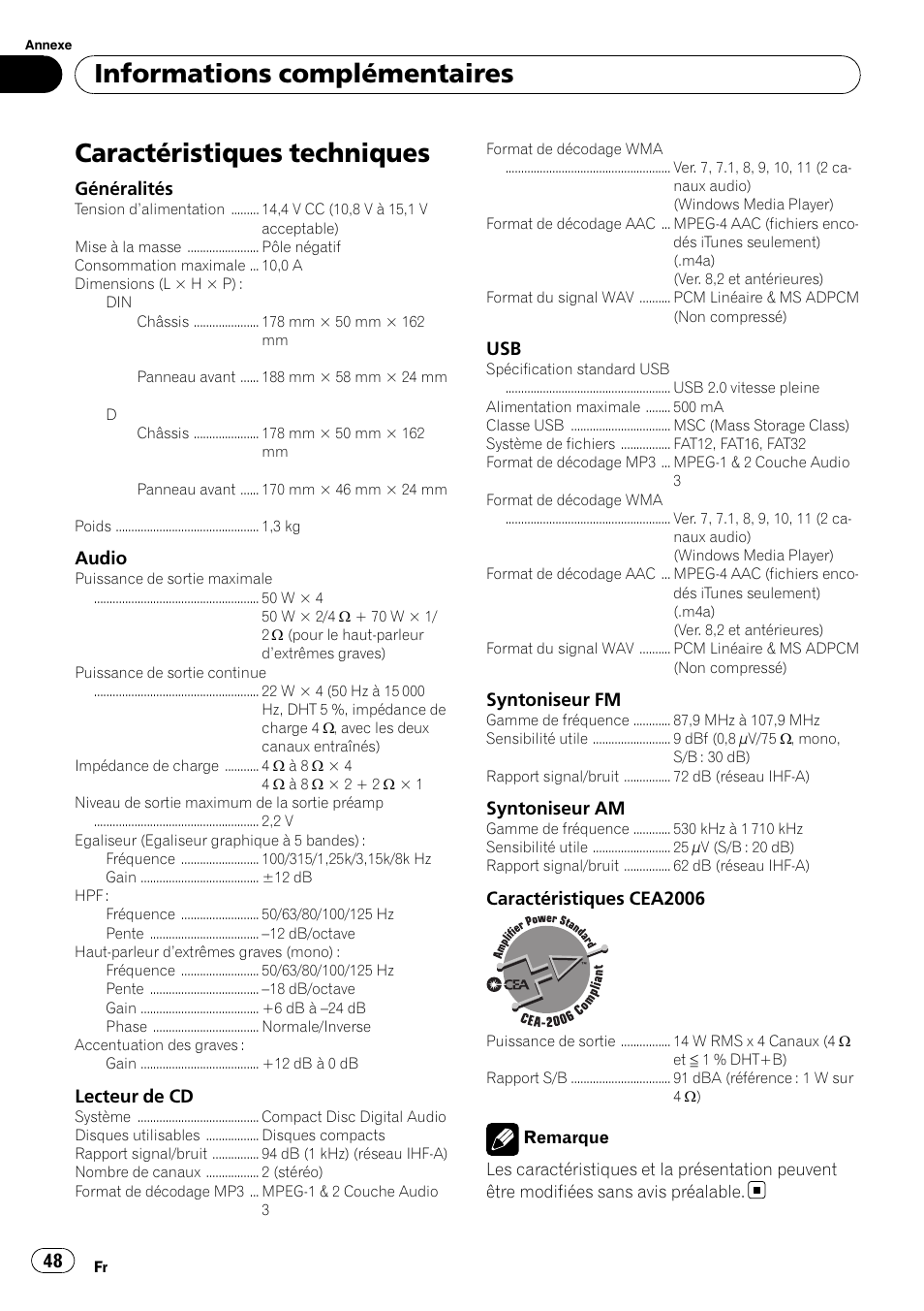 Caractéristiques techniques, Informations complémentaires | Pioneer DEH-3200UB User Manual | Page 48 / 80
