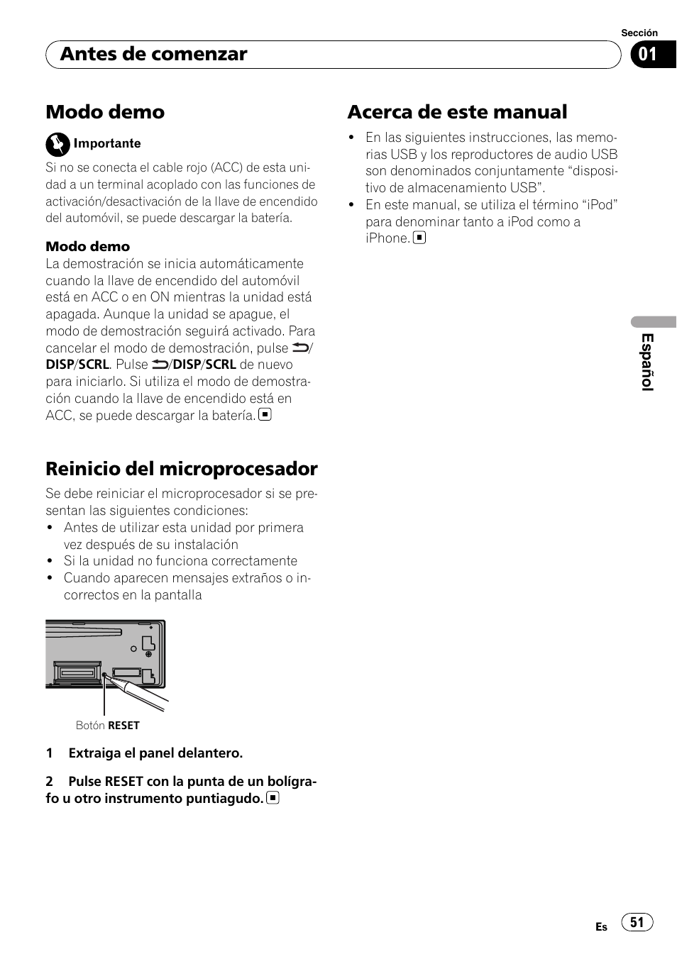 Modo demo, Reinicio del microprocesador, Acerca de este manual | Antes de comenzar | Pioneer DEH-3200UB User Manual | Page 51 / 80